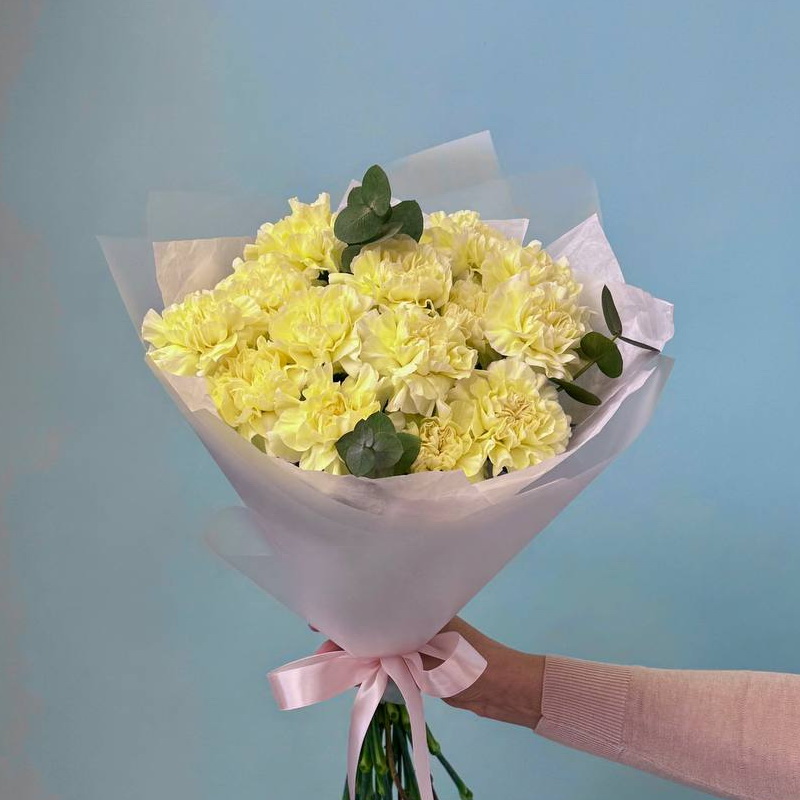 Букет из 11 желтых гвоздик в пленке с лентой, Голландия